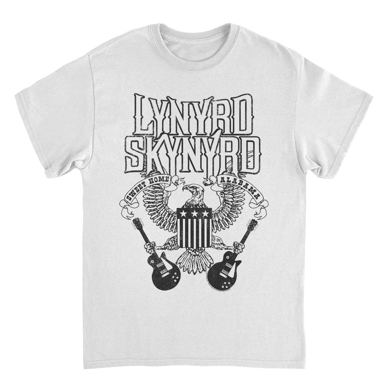 Lynyrd Skynyrd white t shirt with black eagle shield and guitars graphic