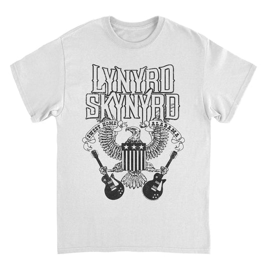 Lynyrd Skynyrd white t shirt with black eagle shield and guitars graphic