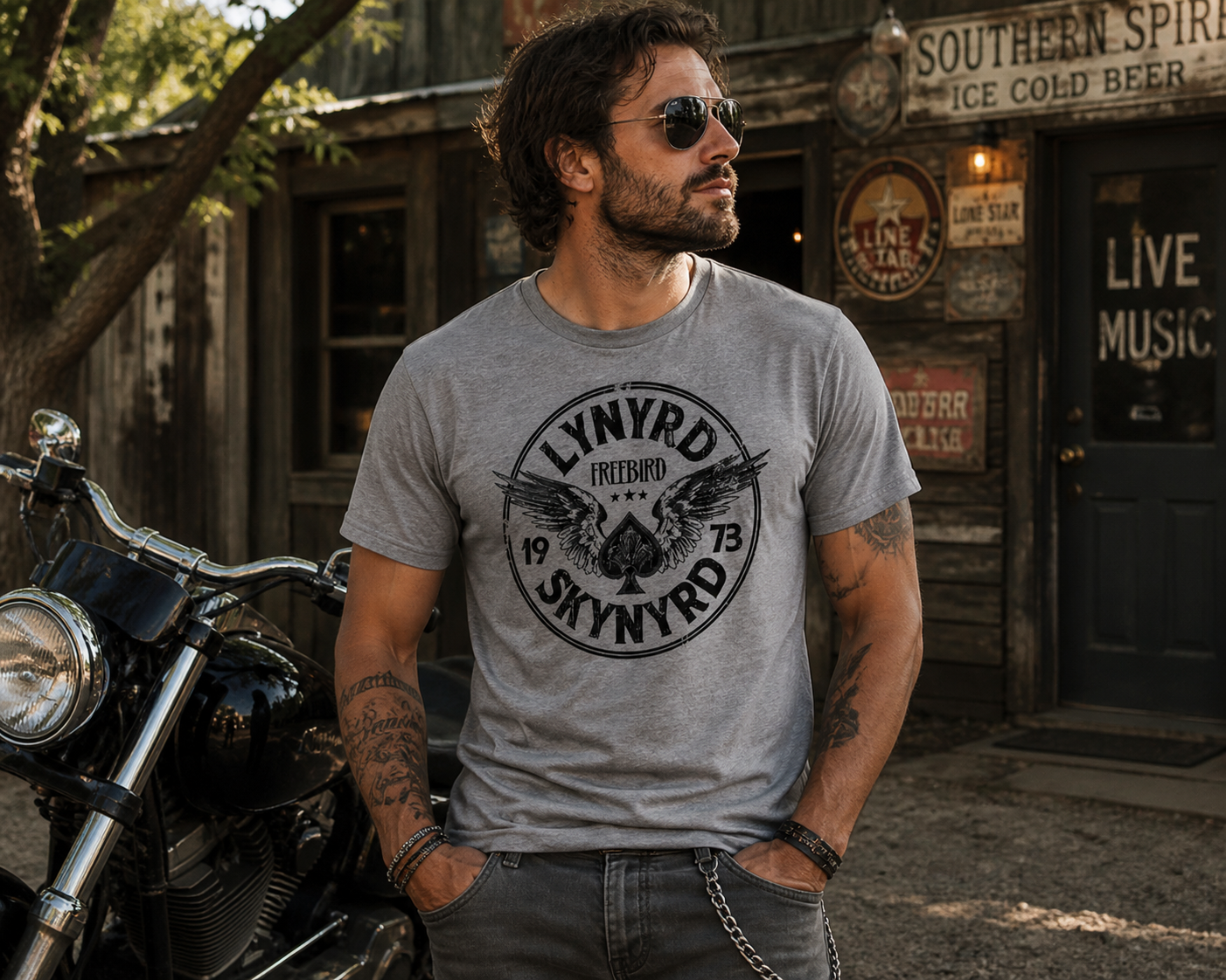 male model wearing Lynyrd Skynyrd Free Bird 1973 gray t shirt standing outside bar with motorcycle