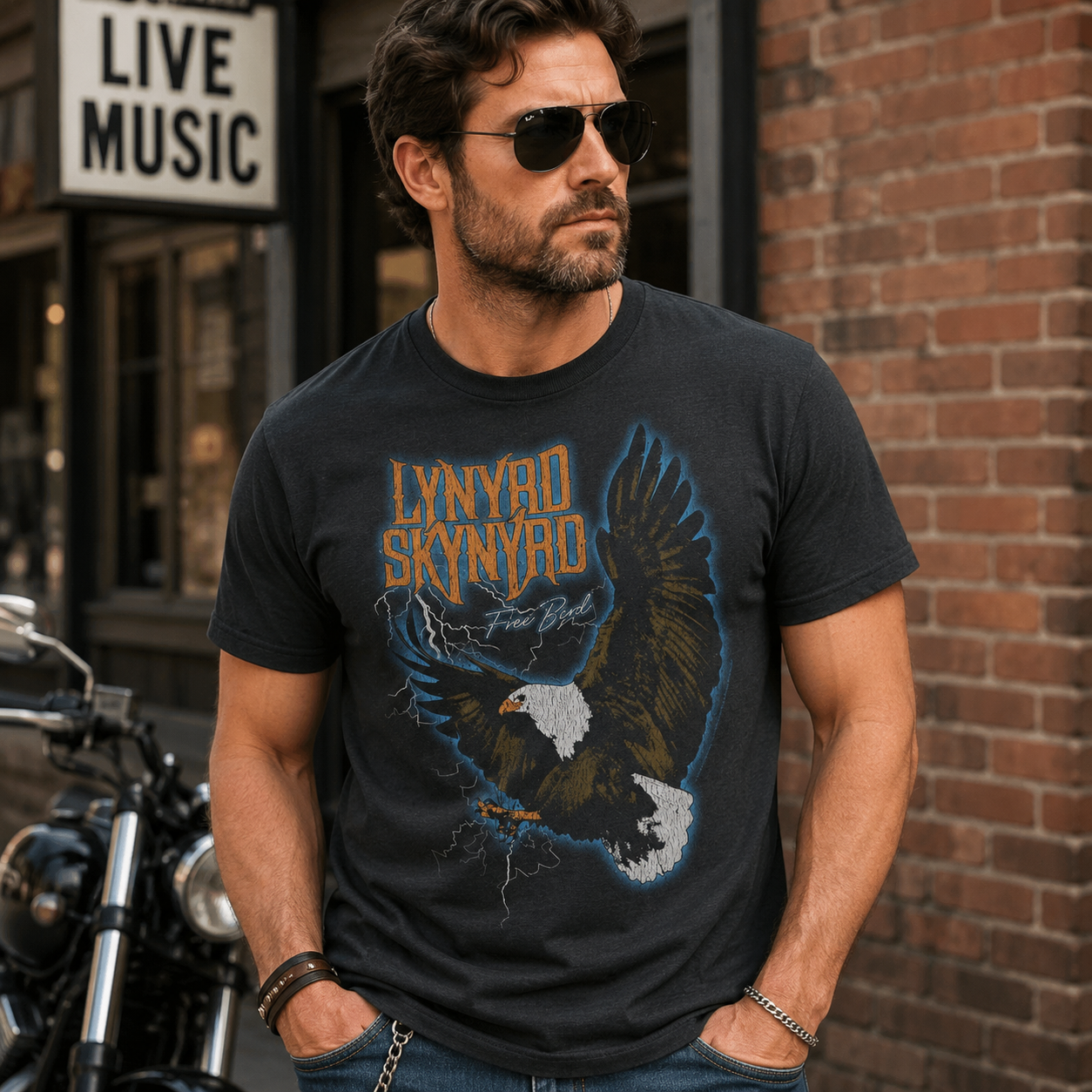 Male model wearing a Lynyrd Skynyrd Free Bird eagle t-shirt with lightning artwork and vintage Southern rock style