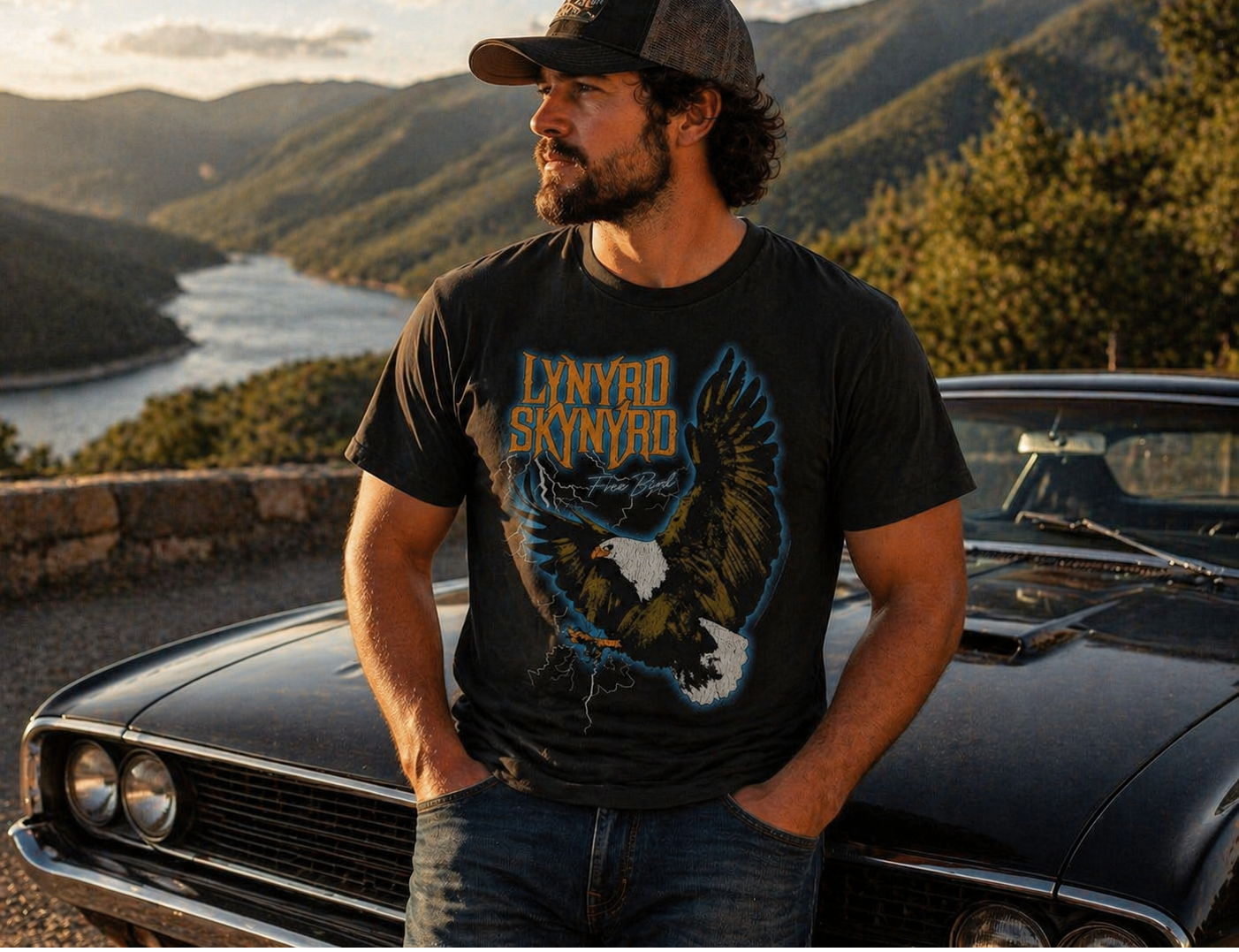 Male model wearing Lynyrd Skynyrd Free Bird lightning eagle black t-shirt standing by classic car with mountain lake view