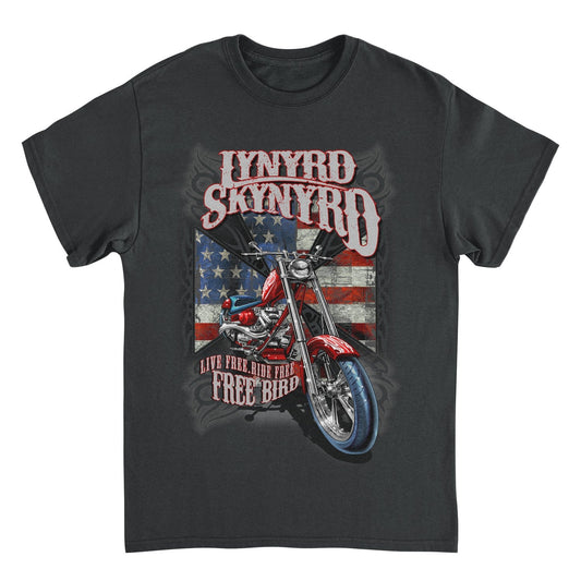 Lynyrd Skynyrd Free Bird Motorcycle black t-shirt featuring custom motorcycle artwork and distressed American flag design