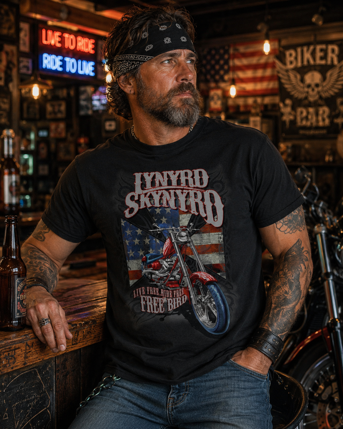 Male model wearing Lynyrd Skynyrd Free Bird Motorcycle black t-shirt inside vintage biker bar with motorcycles and Americana decor