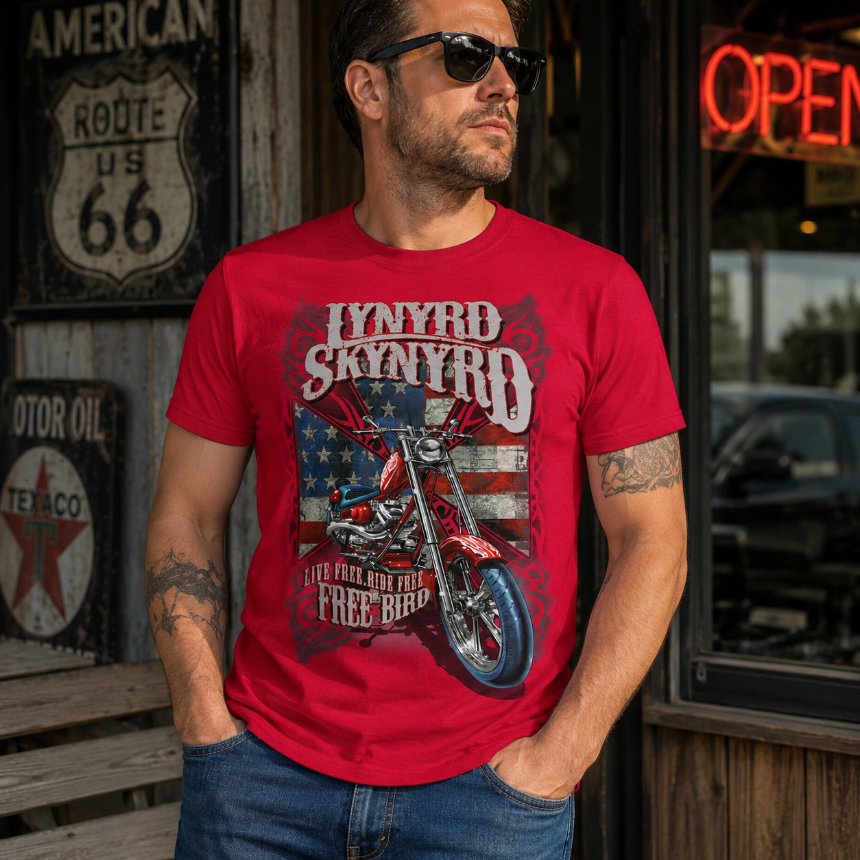 Male model wearing Lynyrd Skynyrd Free Bird red t-shirt with motorcycle artwork and Southern rock biker style