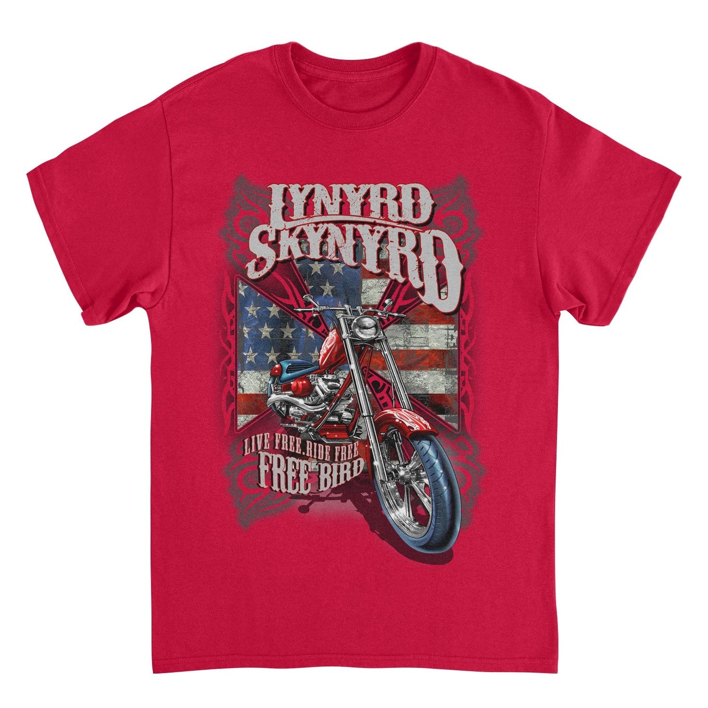 Lynyrd Skynyrd Free Bird red t-shirt featuring motorcycle artwork, American flag background, and Southern rock graphic design