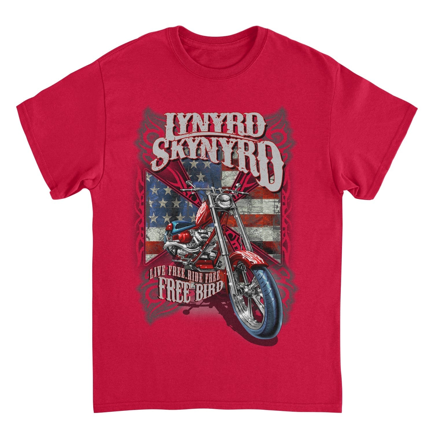 Lynyrd Skynyrd Free Bird red t-shirt featuring motorcycle artwork, American flag background, and Southern rock graphic design