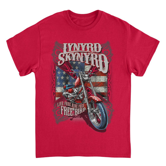 Lynyrd Skynyrd Free Bird red t-shirt featuring motorcycle artwork, American flag background, and Southern rock graphic design