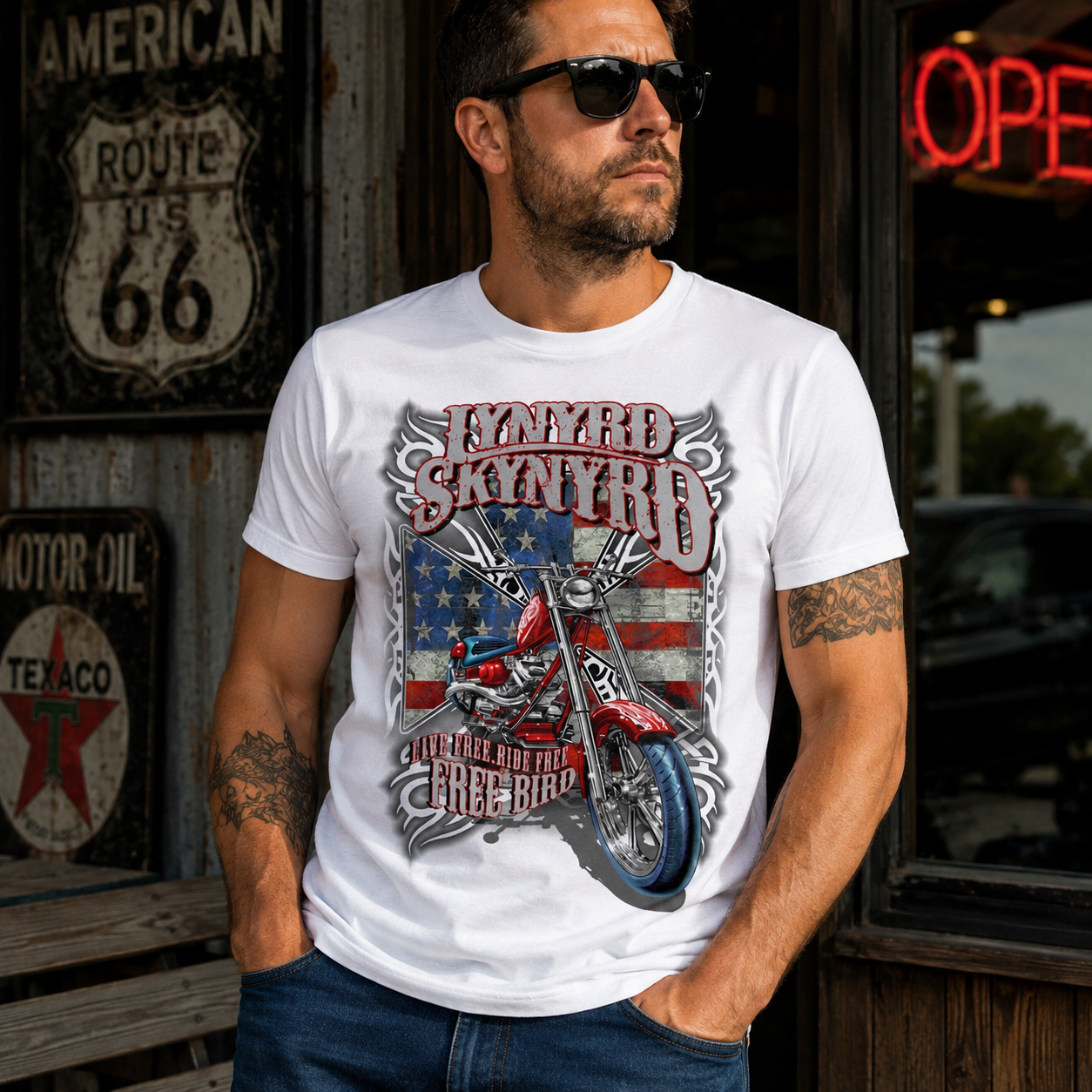 Male model wearing Lynyrd Skynyrd Free Bird white t-shirt with motorcycle artwork, American flag graphic, and Southern rock biker style