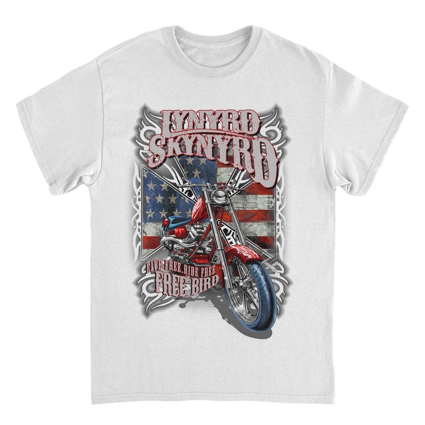 Lynyrd Skynyrd Free Bird white t-shirt featuring motorcycle artwork, American flag background, and Southern rock graphic design