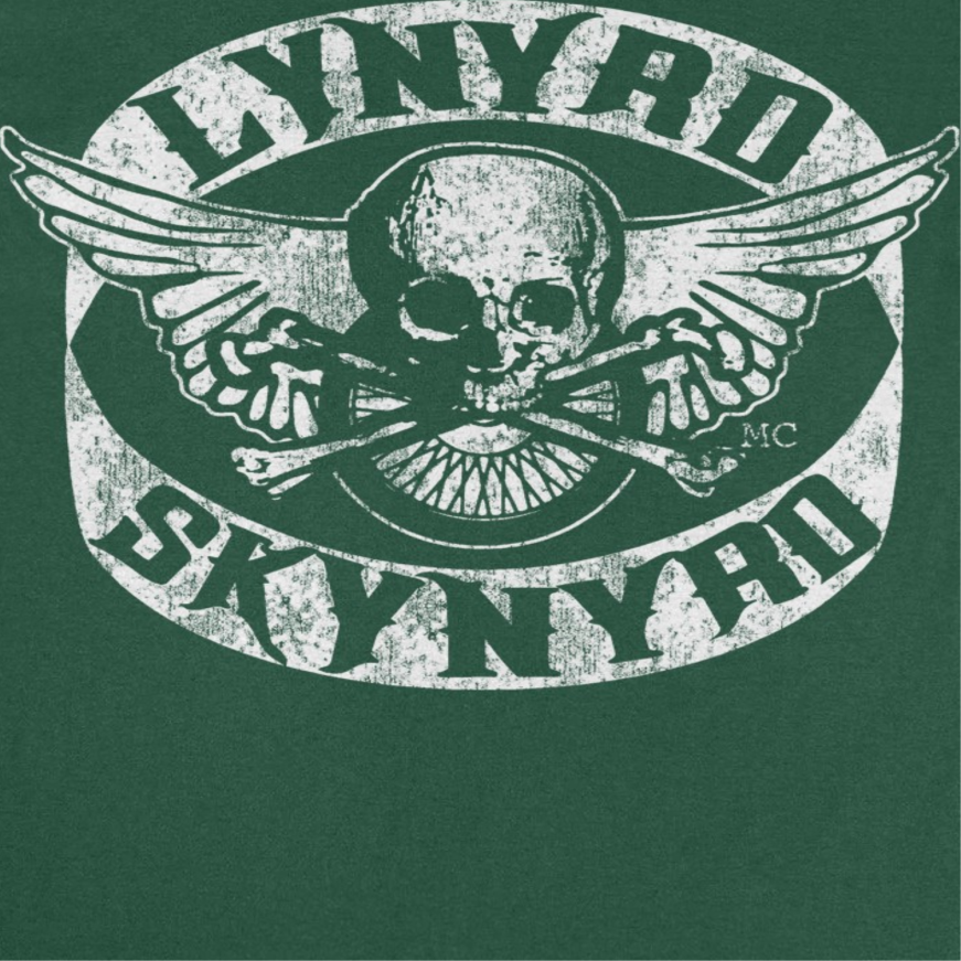 Close-up of Lynyrd Skynyrd Skull forest green t-shirt showing distressed white skull and wings graphic