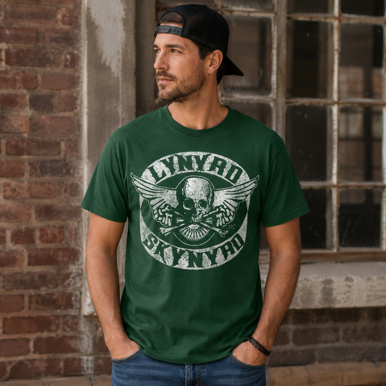 Male model wearing Lynyrd Skynyrd Skull forest green t-shirt with distressed white Southern rock graphic