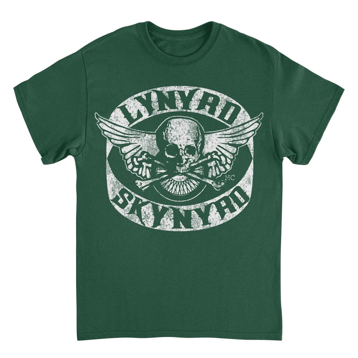 Lynyrd Skynyrd Skull forest green t-shirt with distressed white skull and wings Southern rock graphic
