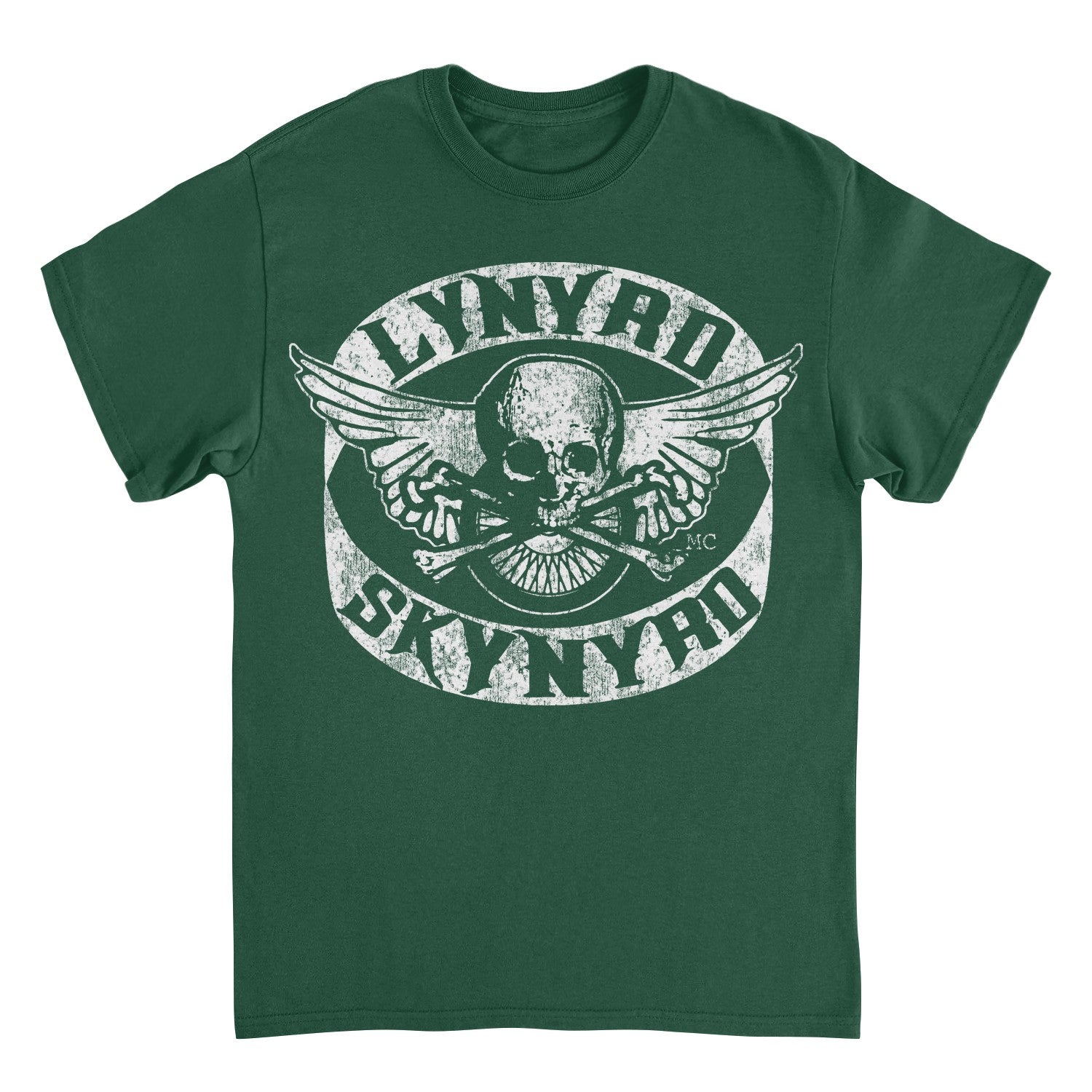 Lynyrd Skynyrd Skull forest green t-shirt with distressed white skull and wings Southern rock graphic