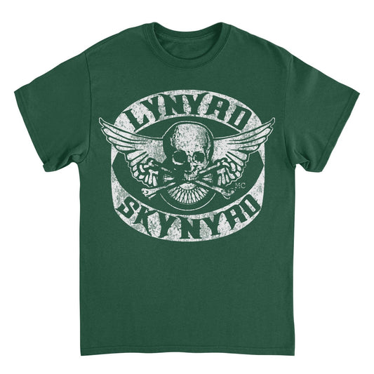Lynyrd Skynyrd Skull forest green t-shirt with distressed white skull and wings Southern rock graphic