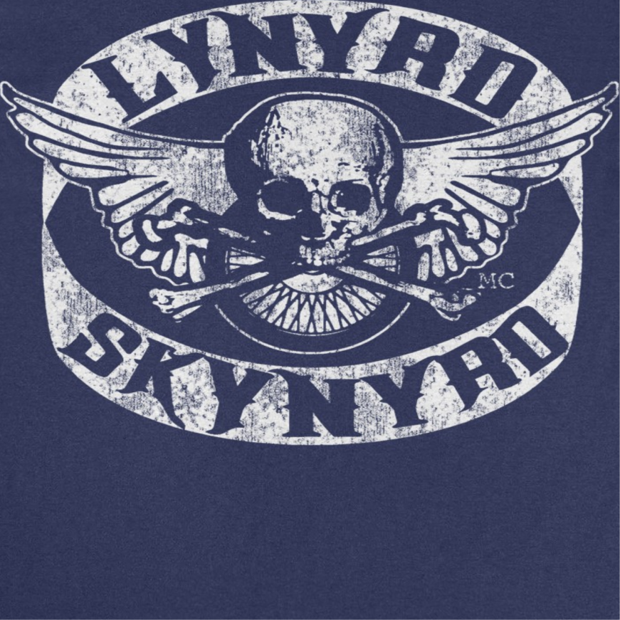 Close-up of Lynyrd Skynyrd Skull navy t-shirt showing distressed white skull and wing artwork