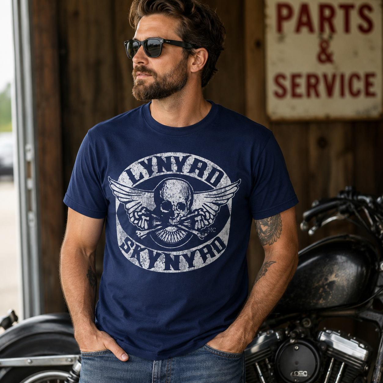 Male model wearing Lynyrd Skynyrd Skull navy t-shirt with distressed white Southern rock artwork near a motorcycle