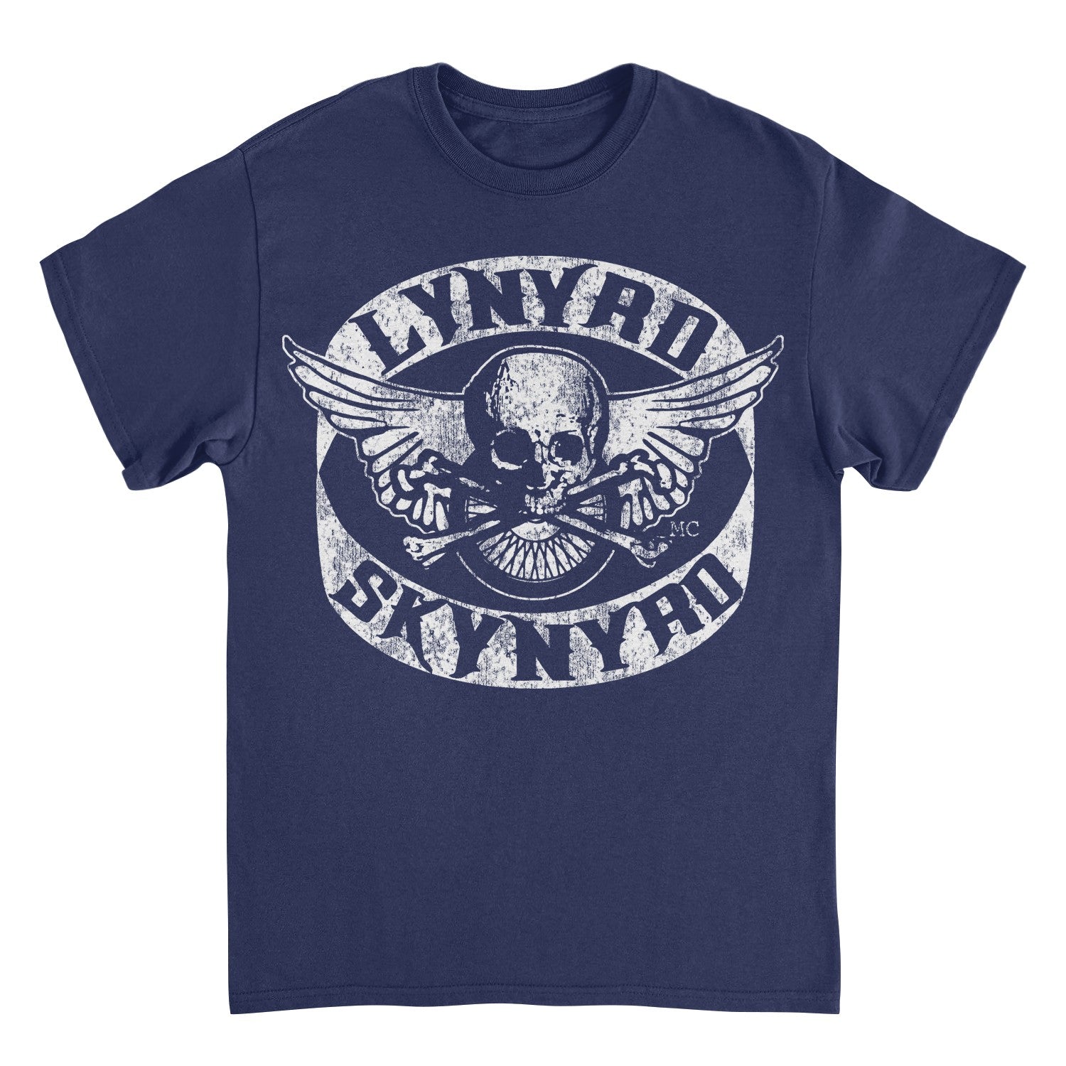 Lynyrd Skynyrd Skull navy t-shirt with distressed white Southern rock band artwork