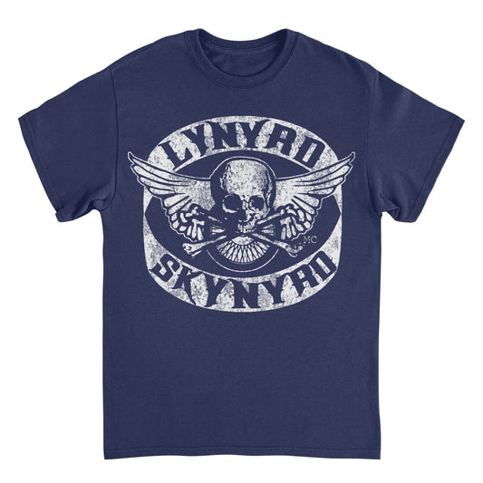 Lynyrd Skynyrd Skull navy t-shirt with distressed white Southern rock band artwork