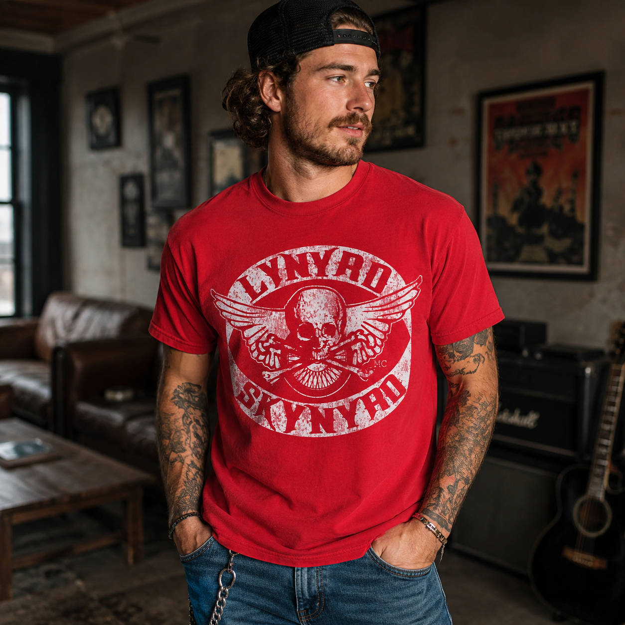 Male model wearing a Lynyrd Skynyrd Skull White Red T-Shirt with distressed white skull and wings artwork in a rock-inspired lifestyle setting.