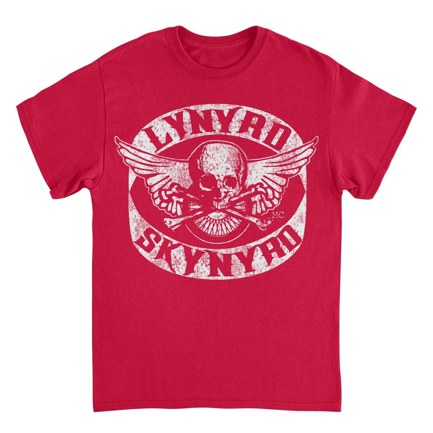 Lynyrd Skynyrd Skull White Red T-Shirt with distressed white skull and wings graphic on a red officially licensed Southern rock band tee.