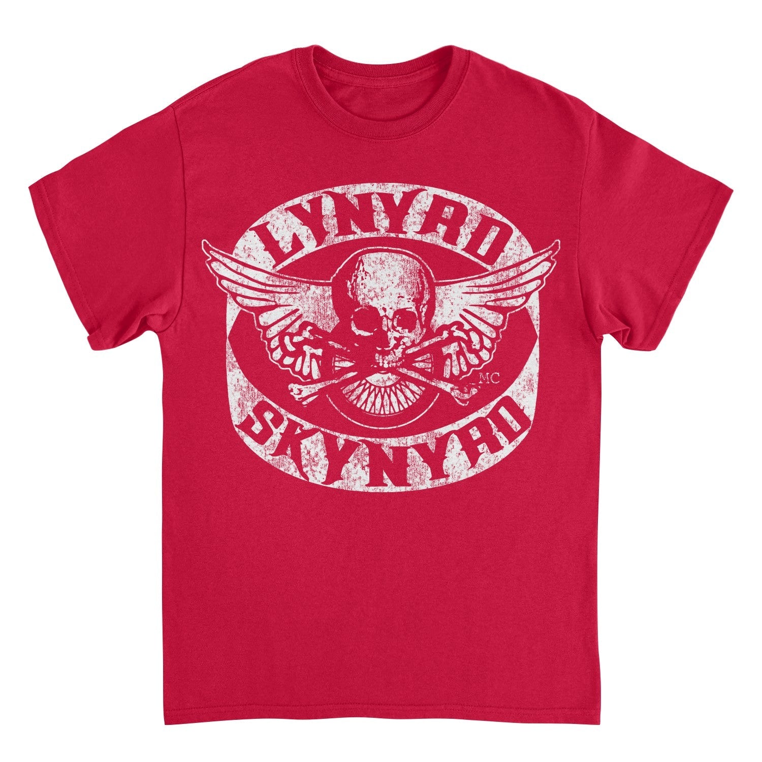 Lynyrd Skynyrd Skull White Red T-Shirt with distressed white skull and wings graphic on a red officially licensed Southern rock band tee.
