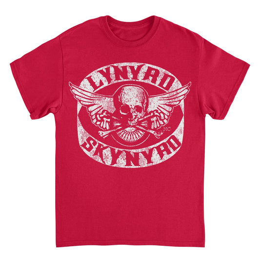 Lynyrd Skynyrd Skull White Red T-Shirt with distressed white skull and wings graphic on a red officially licensed Southern rock band tee.