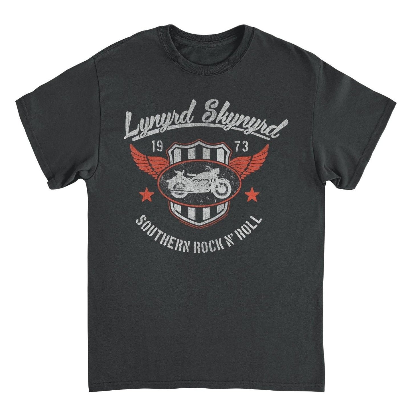 Lynyrd Skynyrd Southern Rock motorcycle 1973 black t shirt with vintage shield and winged bike graphic front view