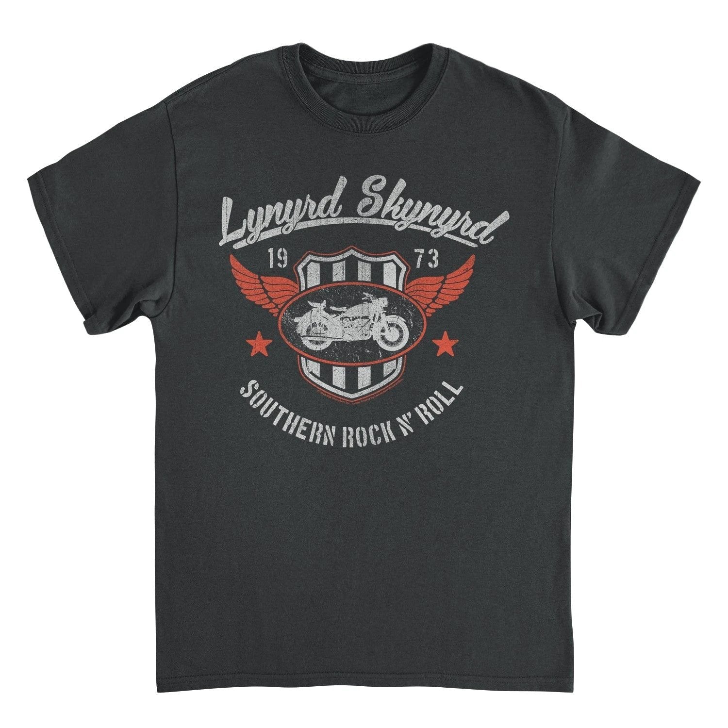 Lynyrd Skynyrd Southern Rock motorcycle 1973 black t shirt with vintage shield and winged bike graphic front view