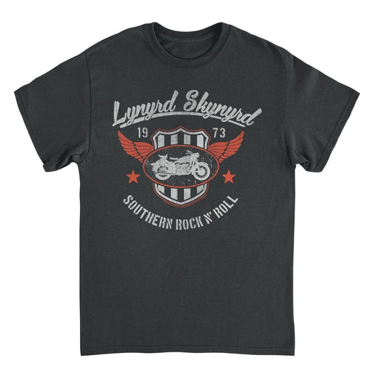 Lynyrd Skynyrd Southern Rock motorcycle 1973 black t shirt with vintage shield and winged bike graphic front view