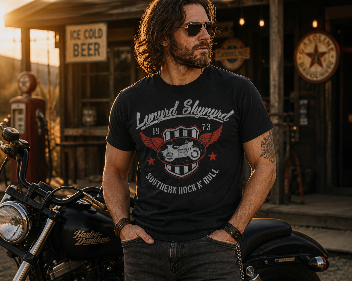 male model wearing Lynyrd Skynyrd Southern Rock motorcycle black t shirt standing by motorcycle at outdoor bar