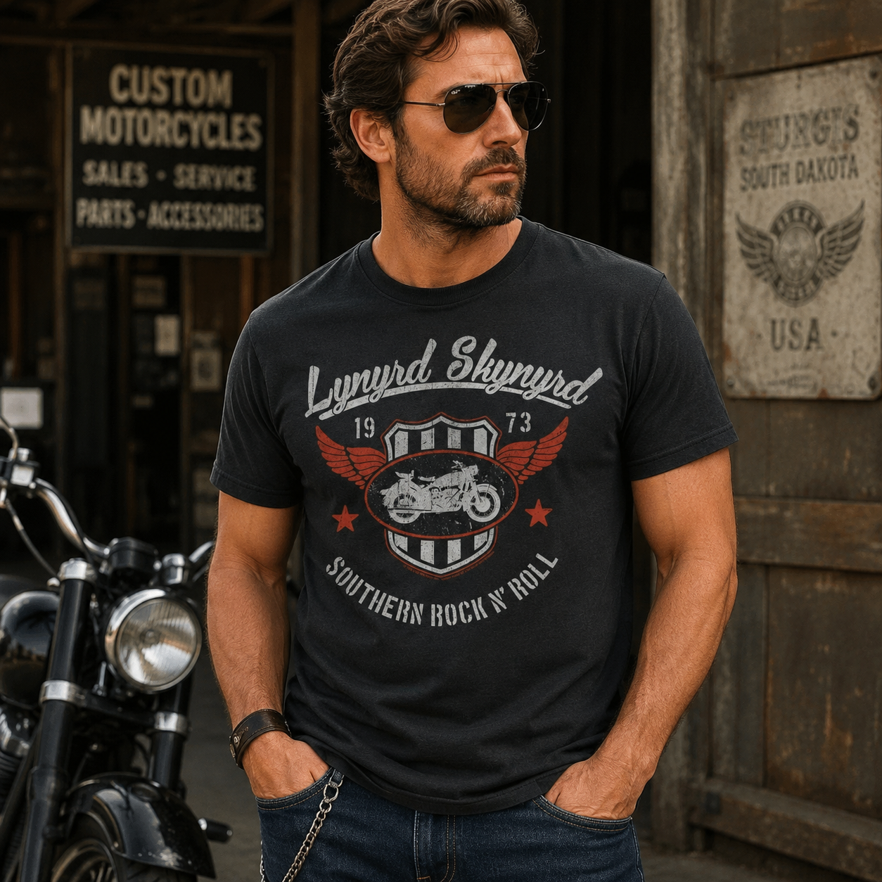 Male model wearing a Lynyrd Skynyrd Southern rock motorcycle t-shirt with 1973 shield artwork and vintage biker style