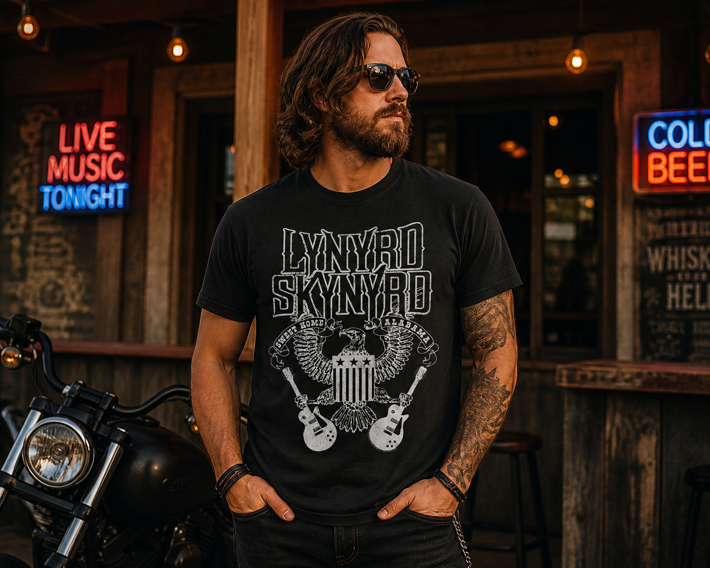 male model wearing Lynyrd Skynyrd Sweet Home Alabama black t shirt with eagle and guitar graphic in outdoor bar setting
