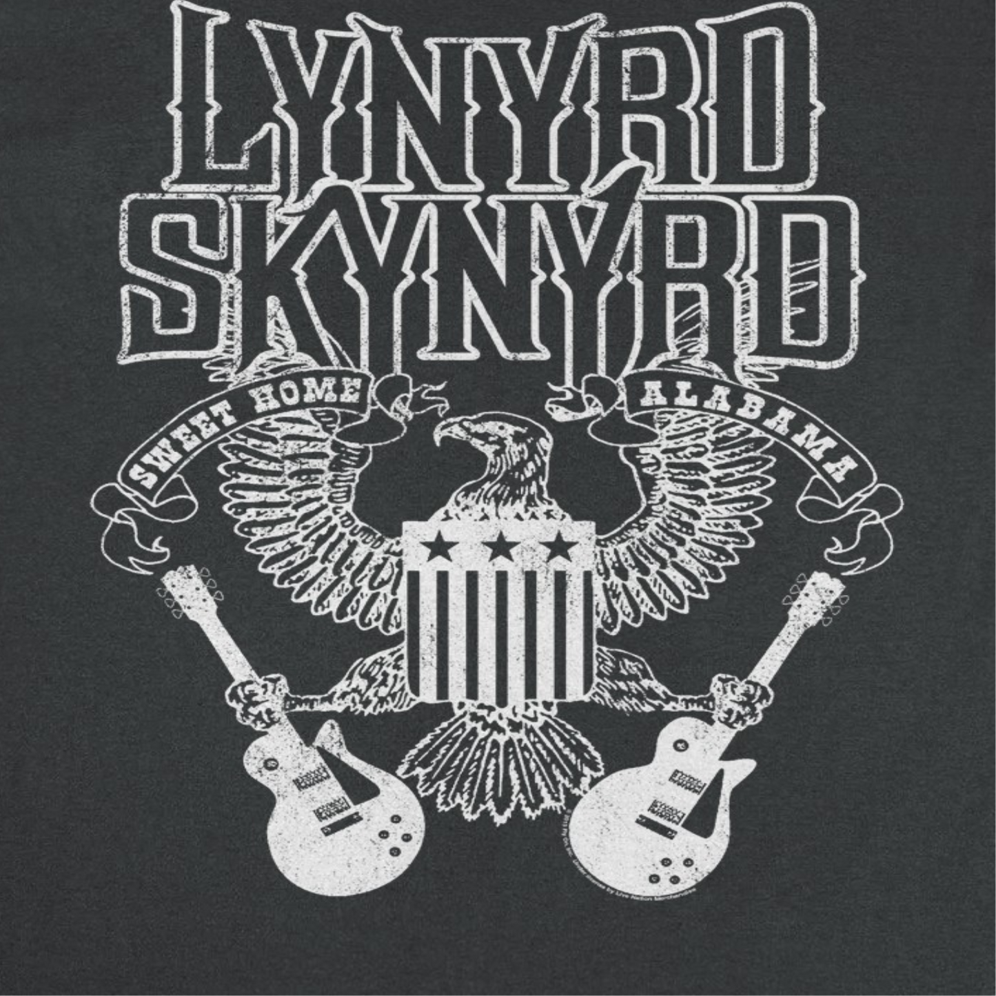 close up of Lynyrd Skynyrd Sweet Home Alabama black t shirt showing eagle shield and crossed guitars graphic