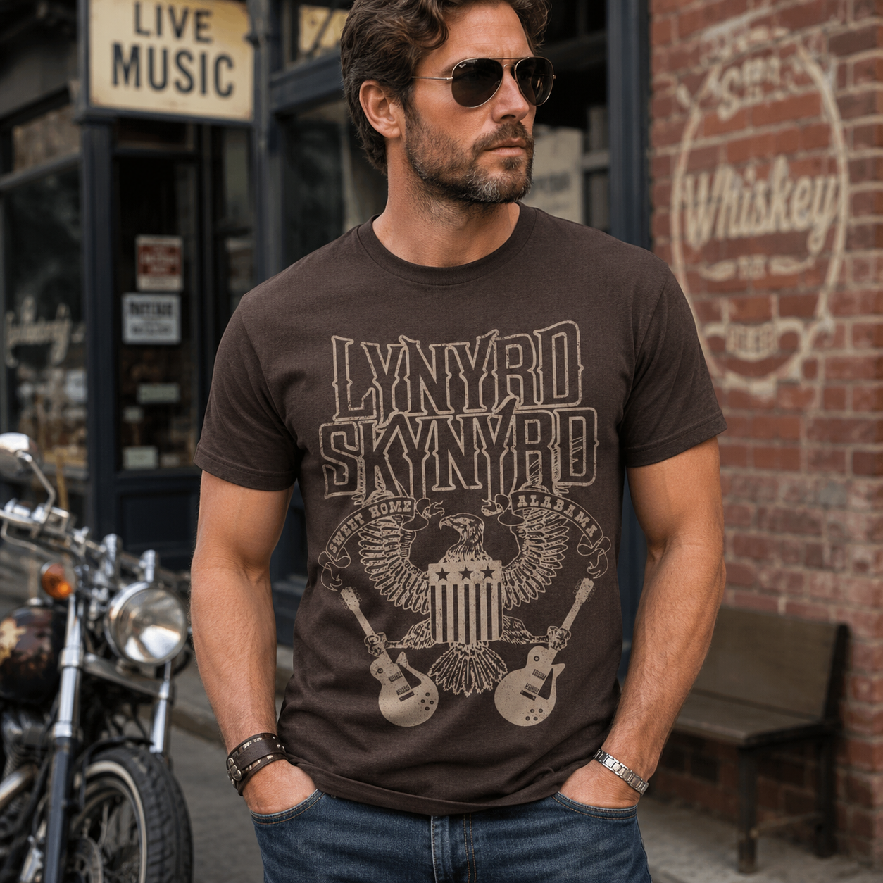 Male model wearing a Lynyrd Skynyrd Sweet Home Alabama t-shirt with vintage eagle and guitar artwork