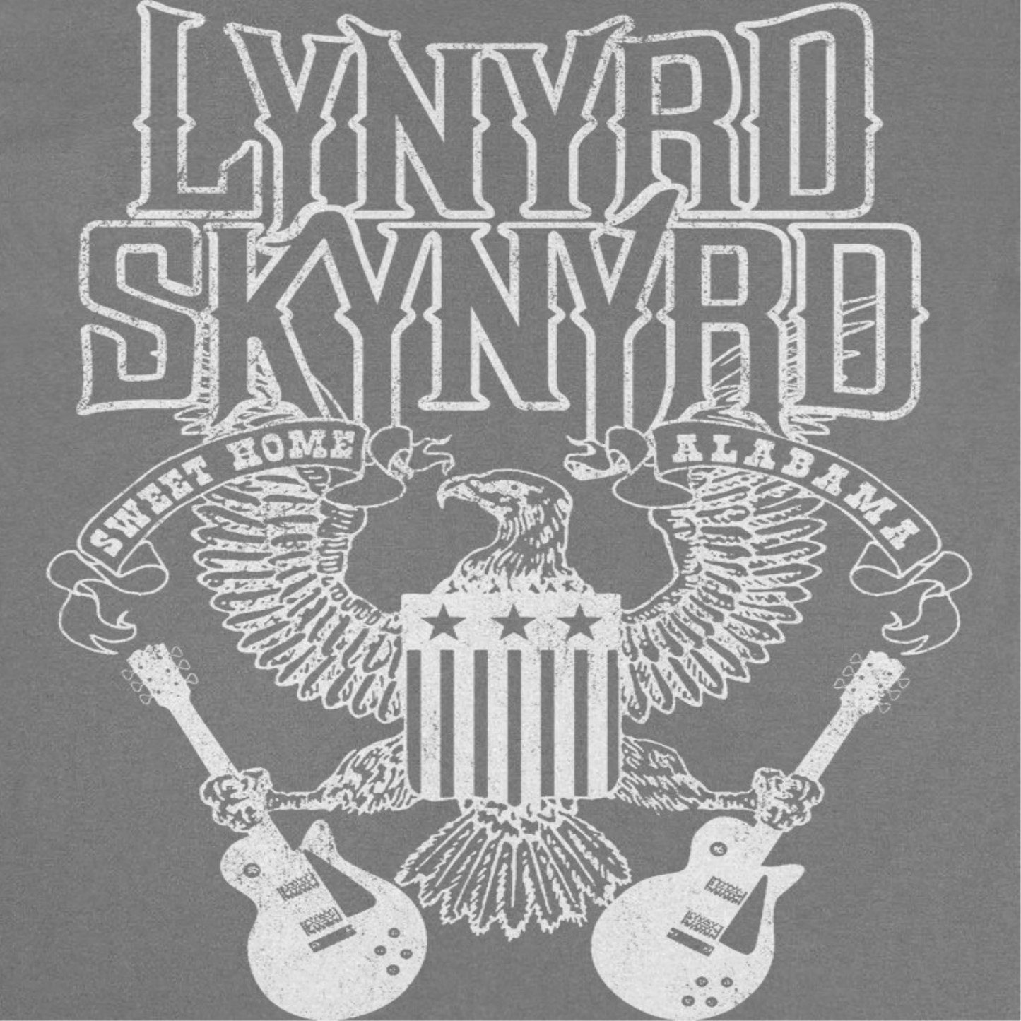 Close-up of Lynyrd Skynyrd White Letters charcoal t-shirt showing distressed eagle and guitar artwork