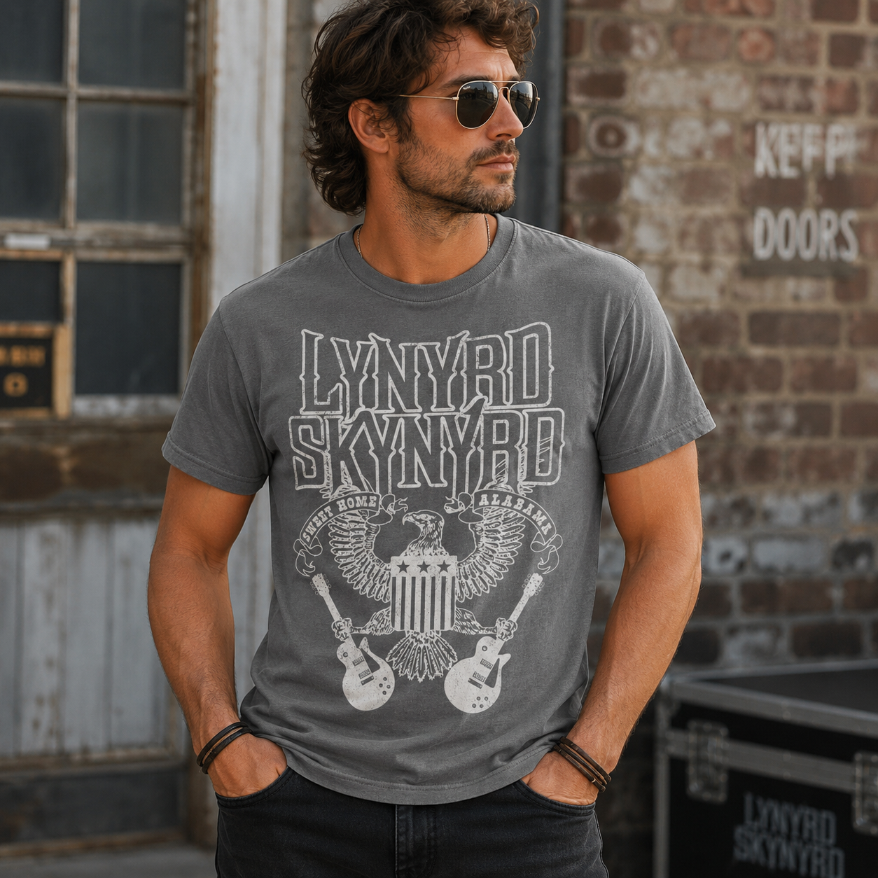 Male model wearing Lynyrd Skynyrd White Letters charcoal t-shirt with distressed eagle and guitar artwork