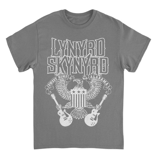 Lynyrd Skynyrd White Letters charcoal t-shirt with eagle and guitar Southern rock artwork