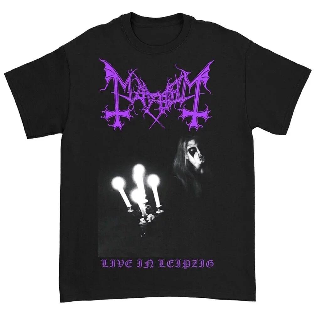 Officially licensed Mayhem Live in Leipzig black metal band t-shirt featuring purple logo artwork and dark live performance imagery.