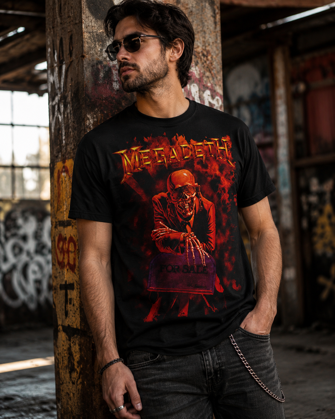 Male model wearing Megadeth For Sale black metal band t-shirt in urban industrial setting with alternative rock style