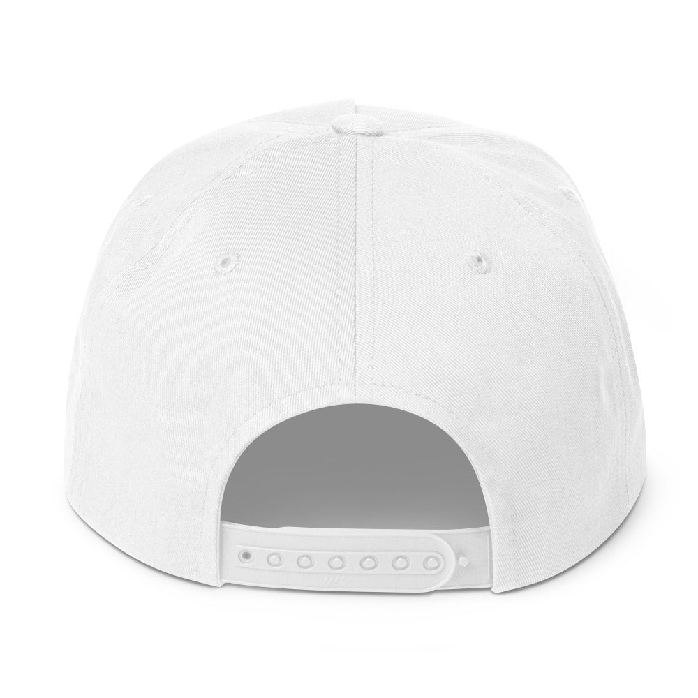 Back view of the official Megadeth logo snapback hat in white featuring an adjustable plastic snapback closure, structured six-panel construction, embroidered eyelets, and flat bill design.