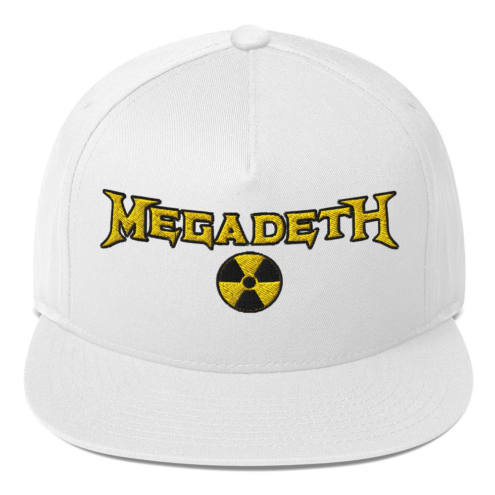 Official Megadeth logo snapback hat in white featuring high-definition embroidered Megadeth logo and radiation symbol on a structured flat bill cap.