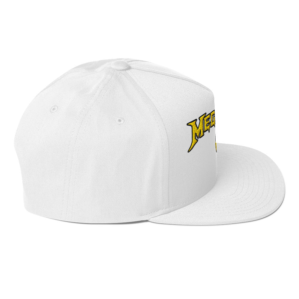 Right side view of the official Megadeth logo snapback hat in white featuring a structured six-panel design, flat bill, embroidered eyelets, and premium cotton wool construction.