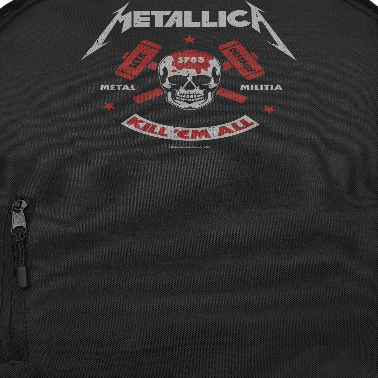 Metallica Kill Em All backpack closeup skull and hammer graphic black metal band backpack