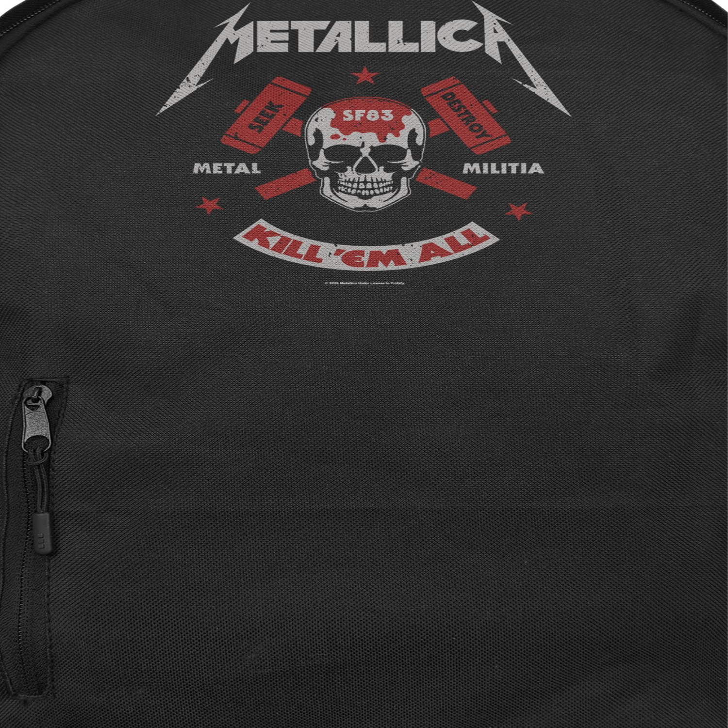 Metallica Kill Em All backpack closeup skull and hammer graphic black metal band backpack