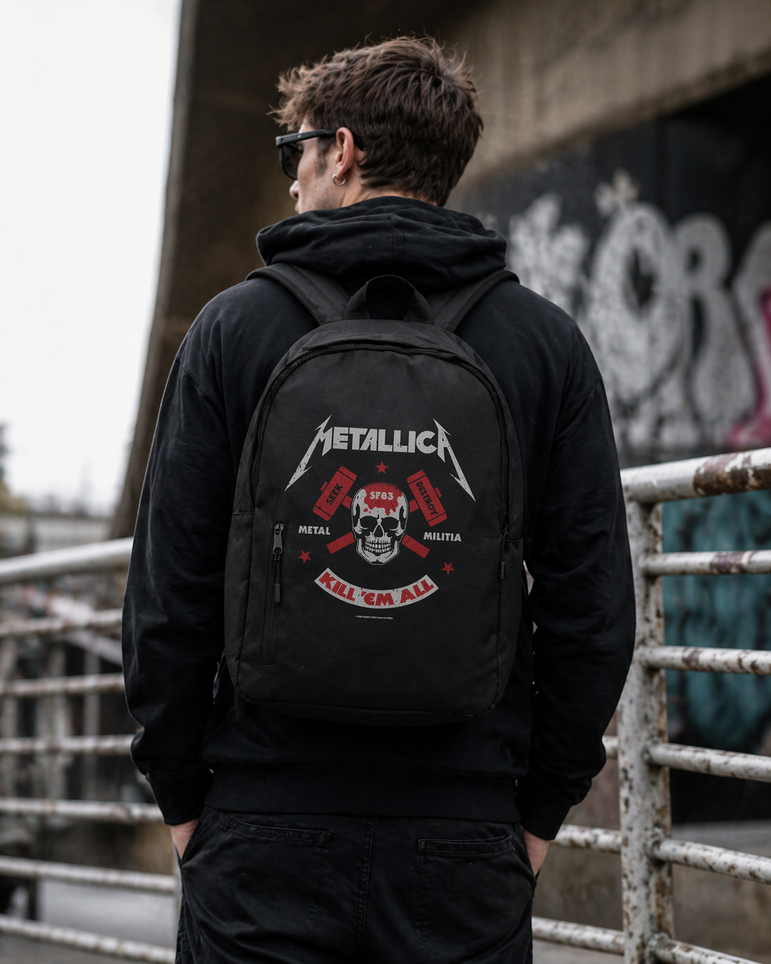 Metallica Kill Em All backpack worn by male model black metal band backpack lifestyle image