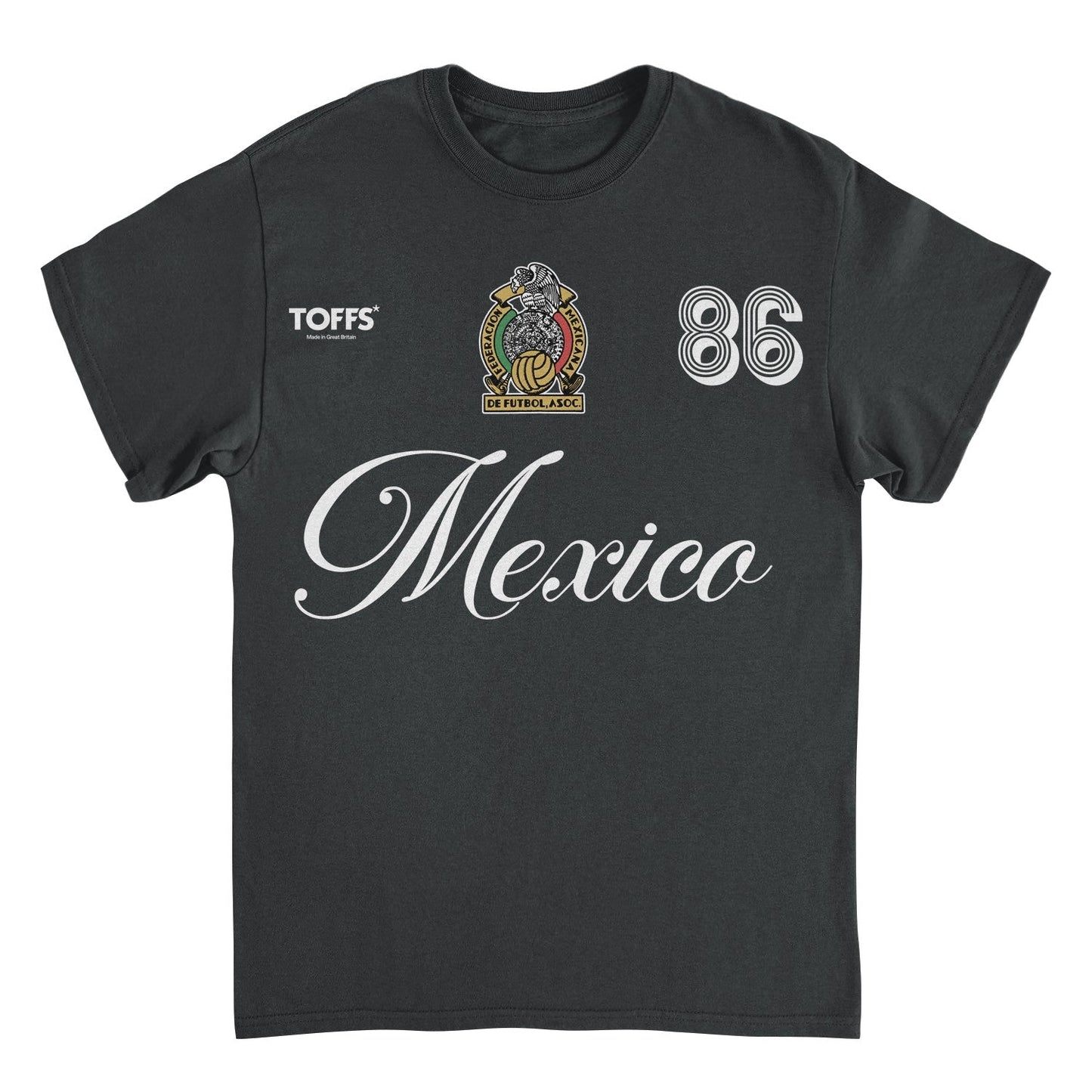 Mexico black retro soccer t-shirt with white script lettering, crest artwork, and number 86 futbol design