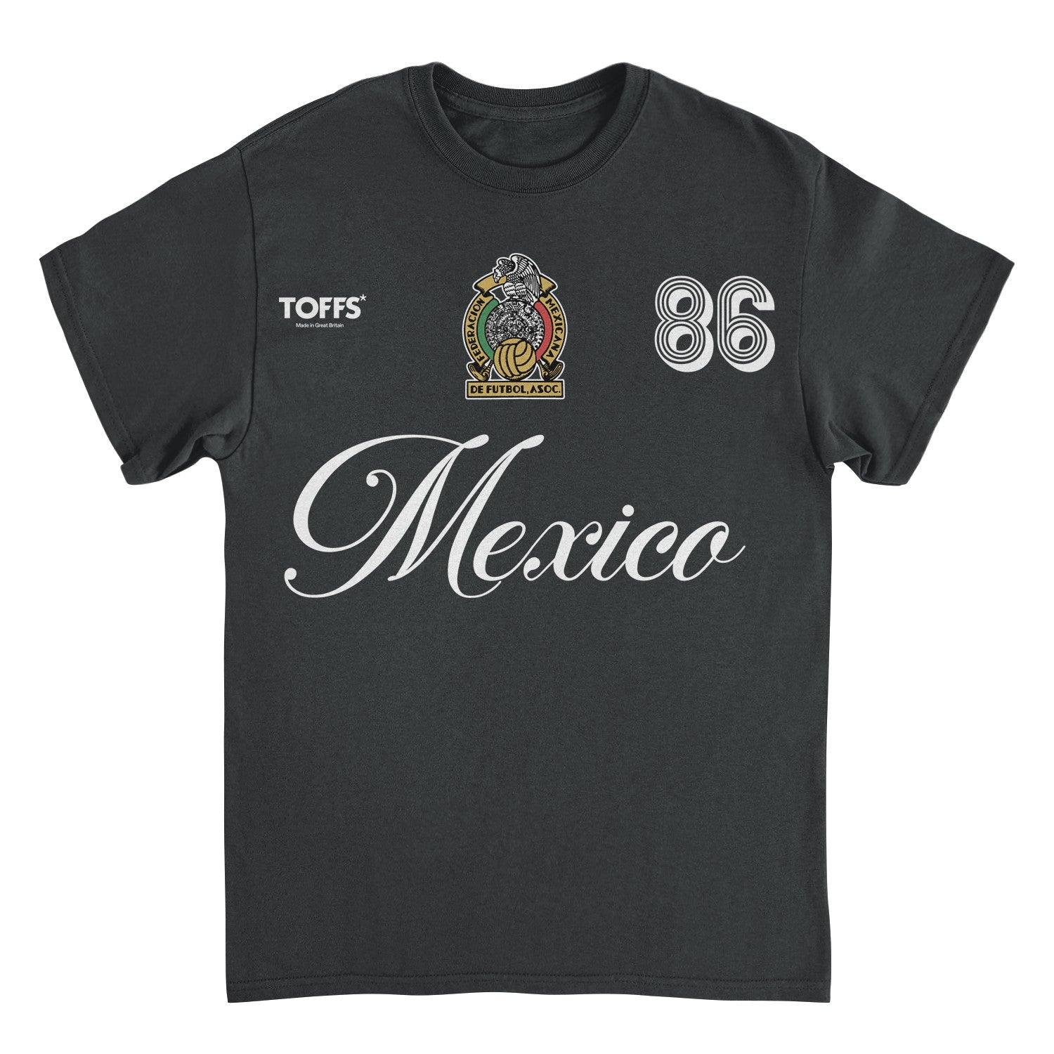 Mexico black retro soccer t-shirt with white script lettering, crest artwork, and number 86 futbol design