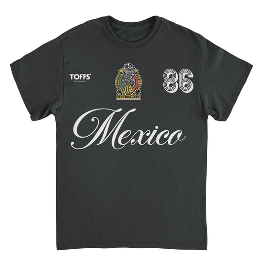 Mexico black retro soccer t-shirt with white script lettering, crest artwork, and number 86 futbol design