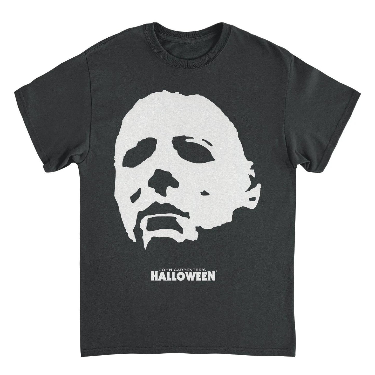 Michael Myers mask t shirt featuring close up angled face graphic from Halloween horror movie