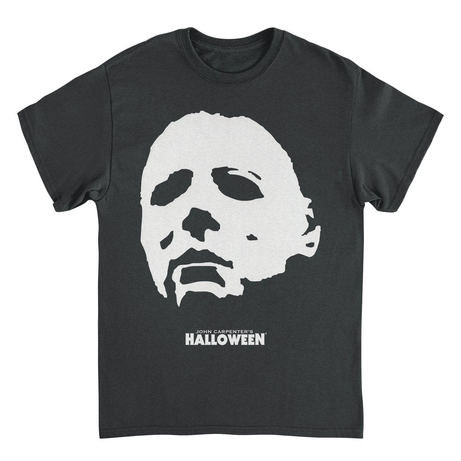 Michael Myers mask t shirt featuring close up angled face graphic from Halloween horror movie